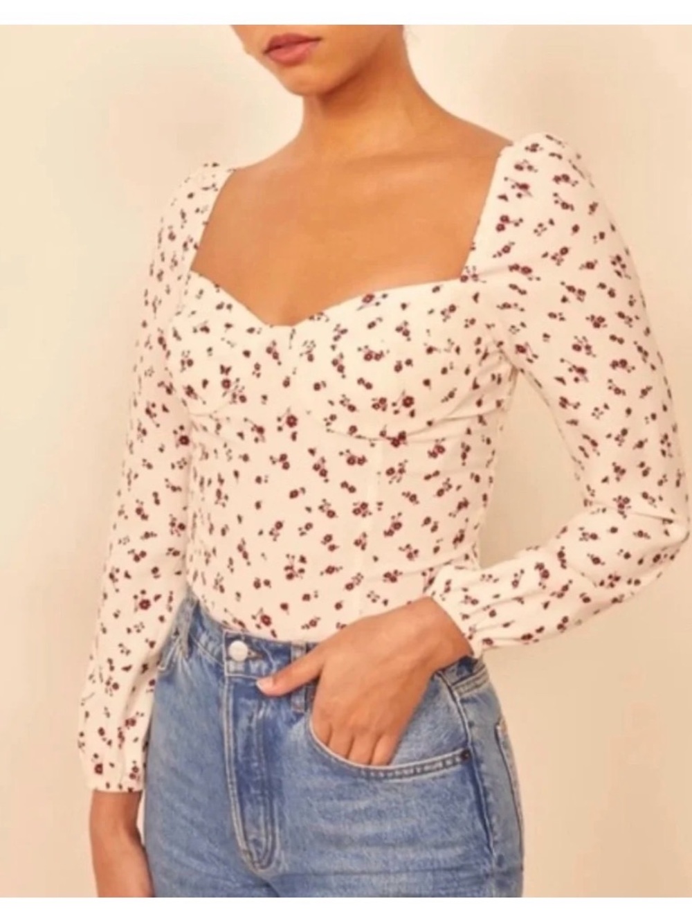Reformation Sweetheart Long-Sleeve Top in Cream with Burgundy Floral